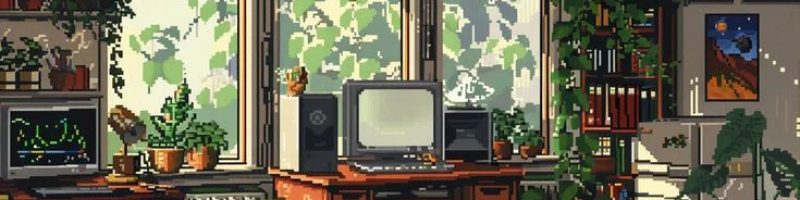 Midjourney_ Cozy, natural workspace with electronics, plants, and artwork_